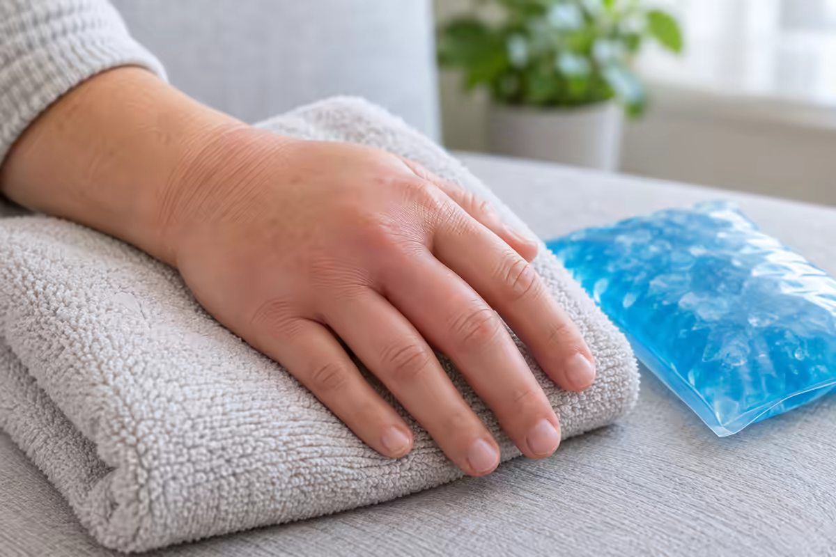 Bàn tay sưng được kê cao và chườm mát