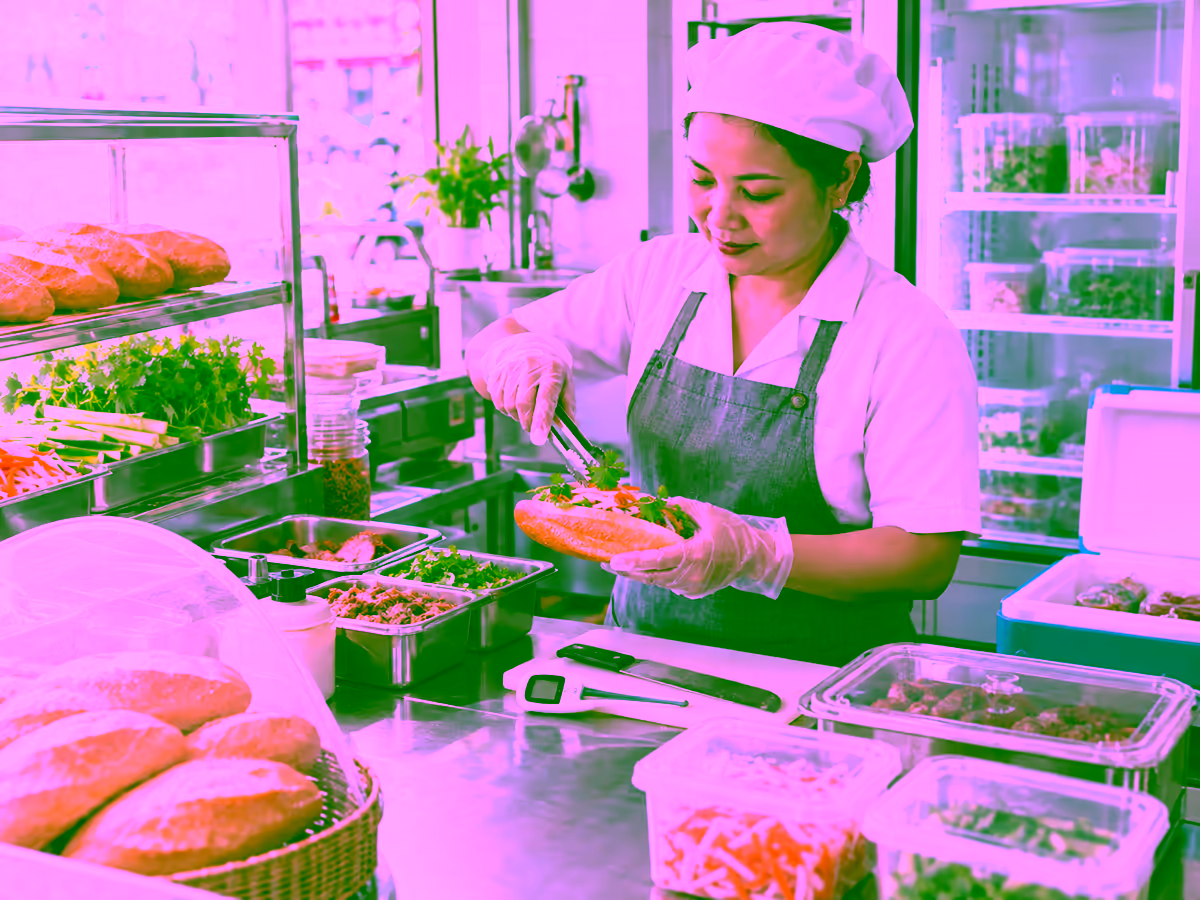 Người bán bánh mì thực hiện vệ sinh an toàn thực phẩm