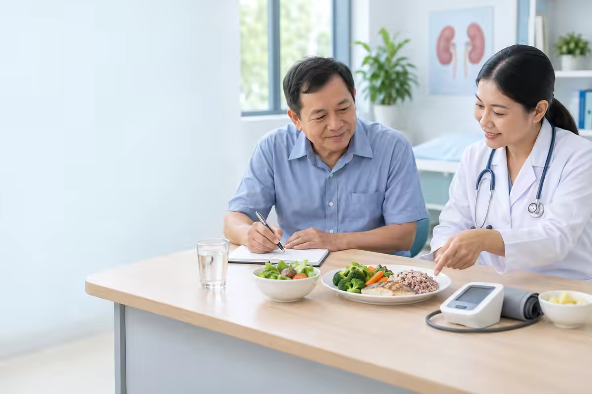 Người bệnh suy thận trao đổi chế độ ăn và theo dõi huyết áp cùng bác sĩ