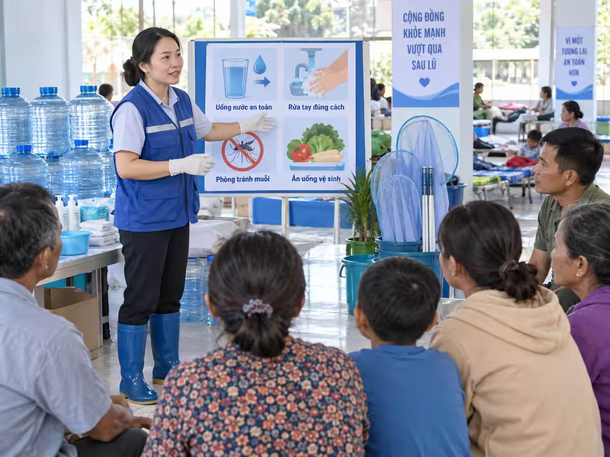 Nhân viên y tế hướng dẫn phòng bệnh sau mưa lũ