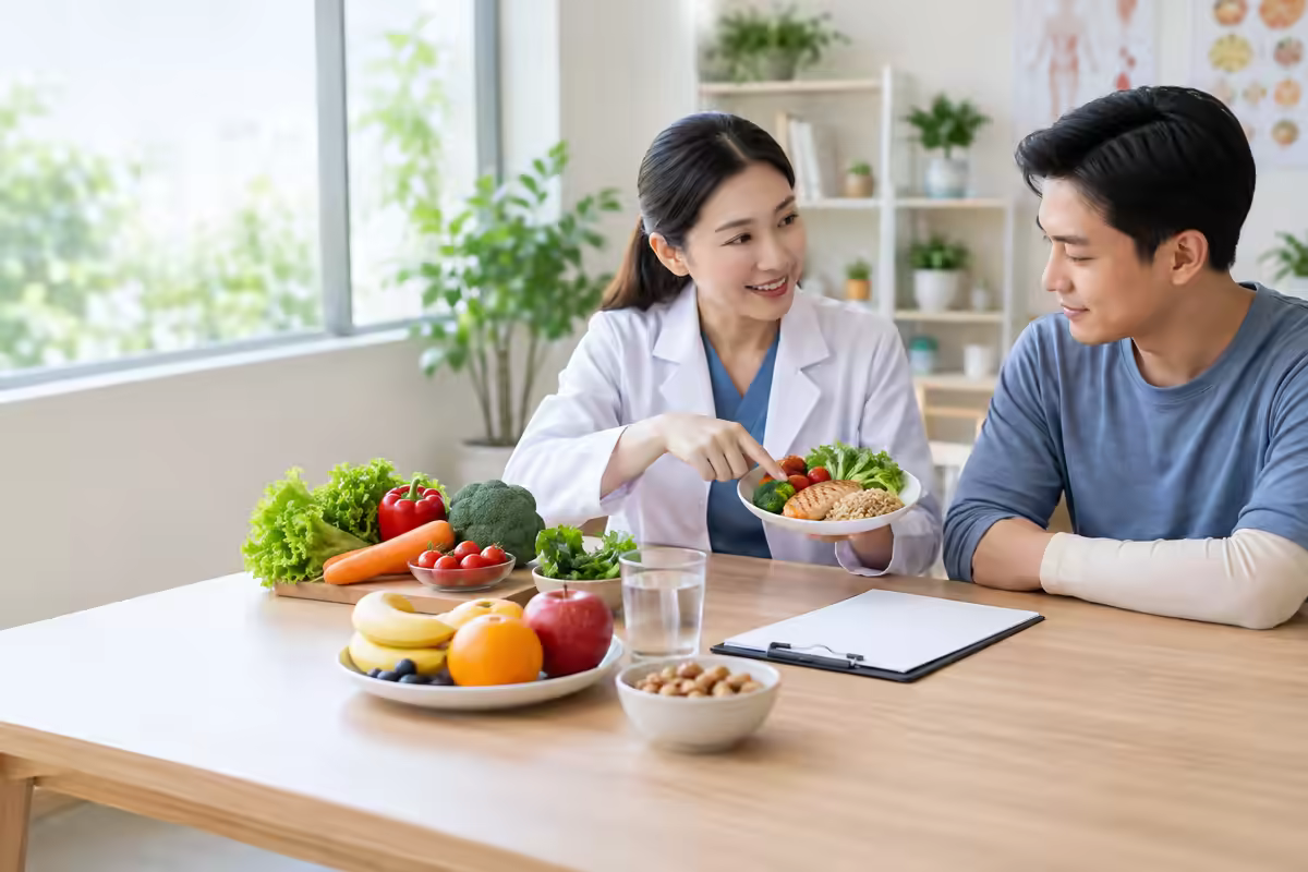 Người bệnh trao đổi với chuyên gia về bữa ăn hỗ trợ quá trình hồi phục da