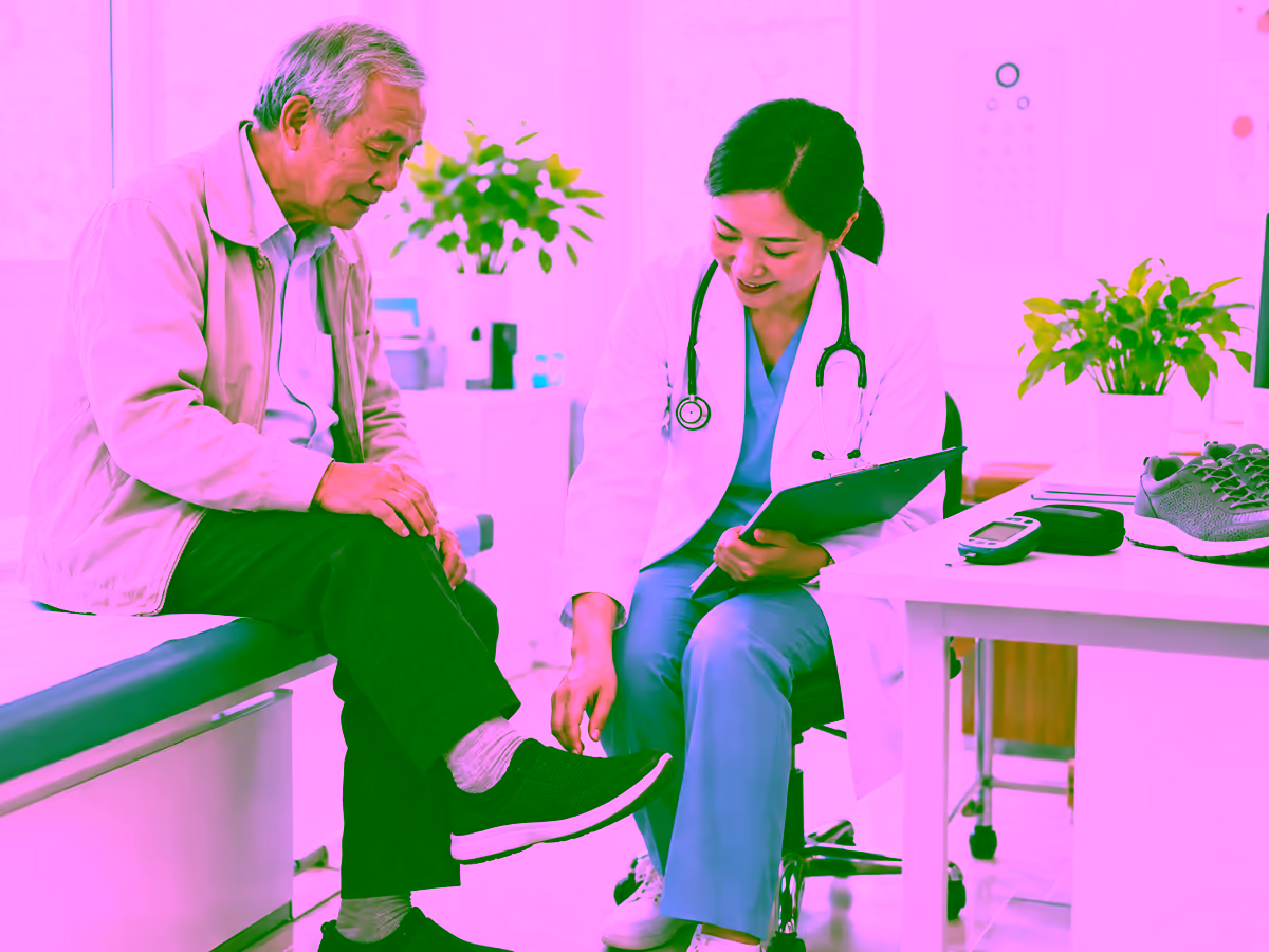 Bác sĩ kiểm tra dấu hiệu cảnh báo biến chứng tiểu đường ở người cao tuổi