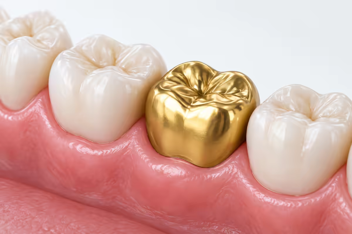 Minh họa một răng hàm được bọc bằng mão vàng