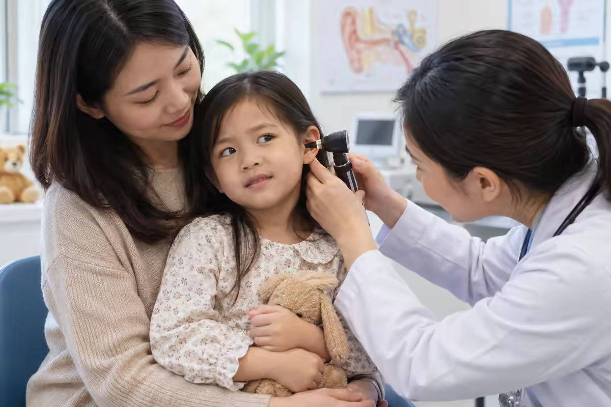 Các loại viêm tai thường gặp – trẻ được bác sĩ tai mũi họng kiểm tra tai