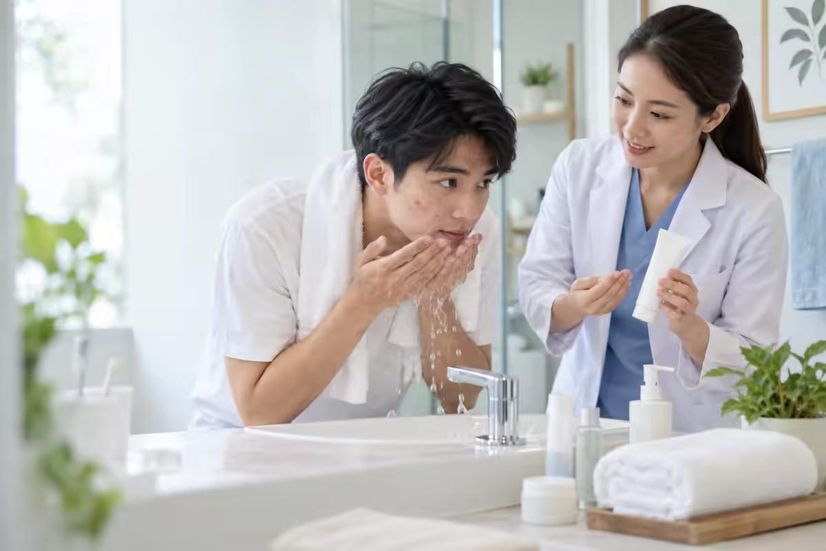 Người trẻ làm sạch da nhẹ nhàng và được bác sĩ hướng dẫn chăm sóc mụn