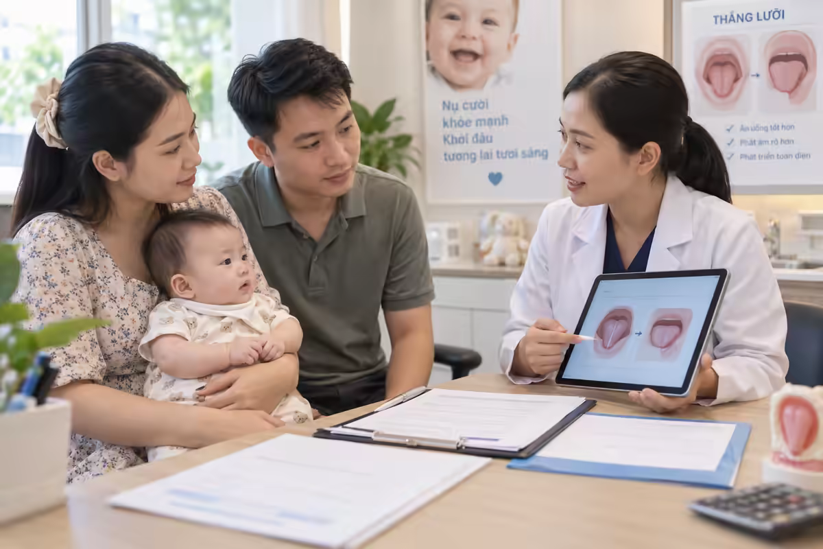 Cắt thắng lưỡi – phụ huynh được bác sĩ tư vấn chi phí và bảo hiểm cho trẻ