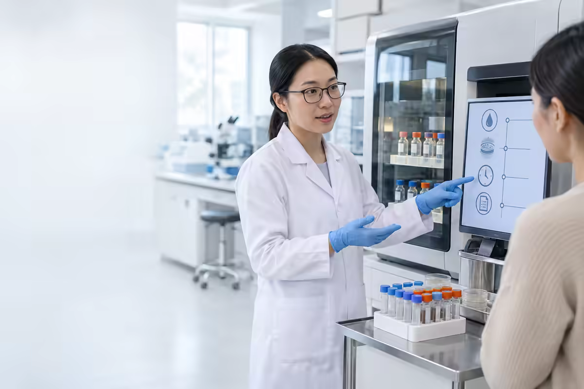 Nhân viên xét nghiệm giải thích quy trình và thời gian chờ kết quả cấy máu