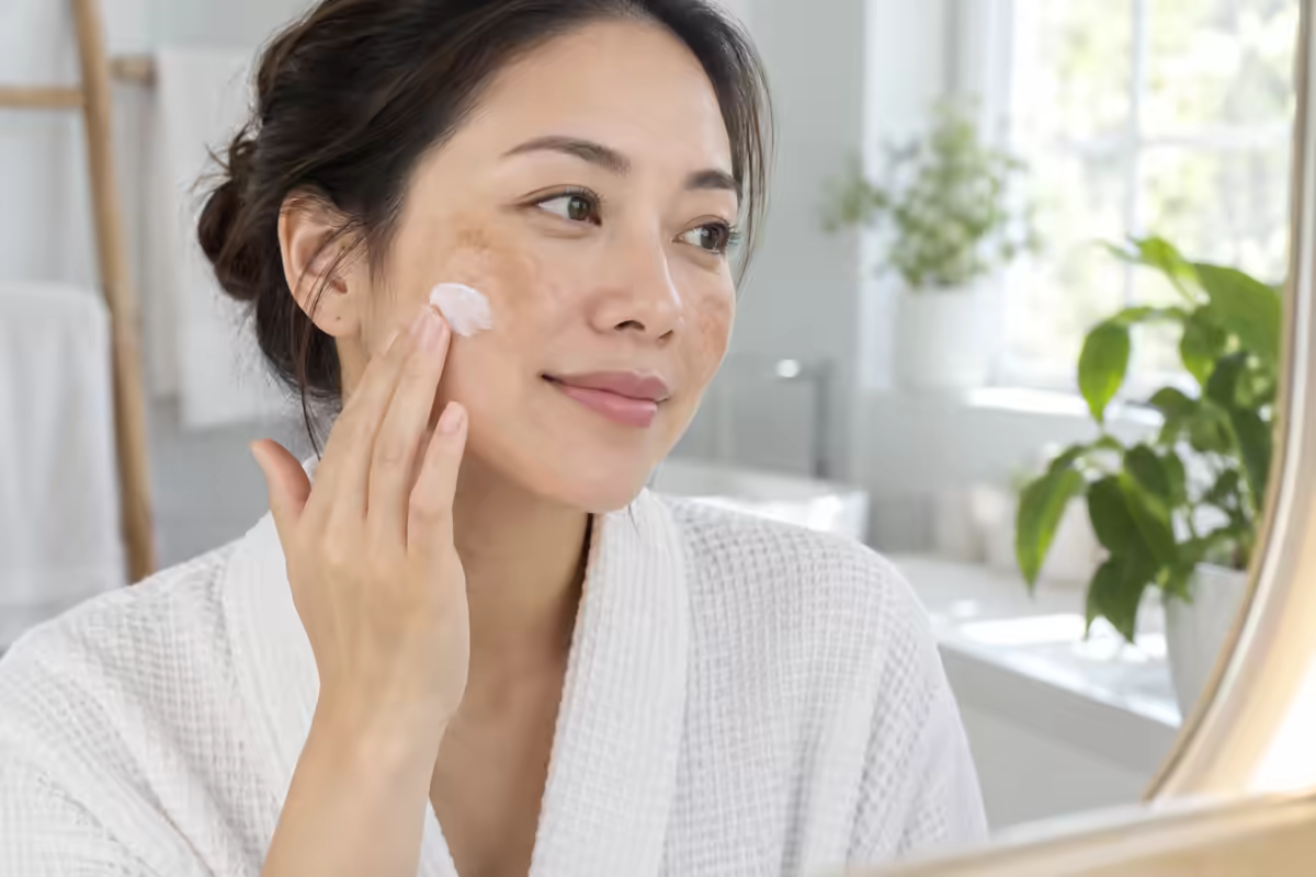 Phụ nữ thoa kem chăm sóc vùng da bị nám tại nhà