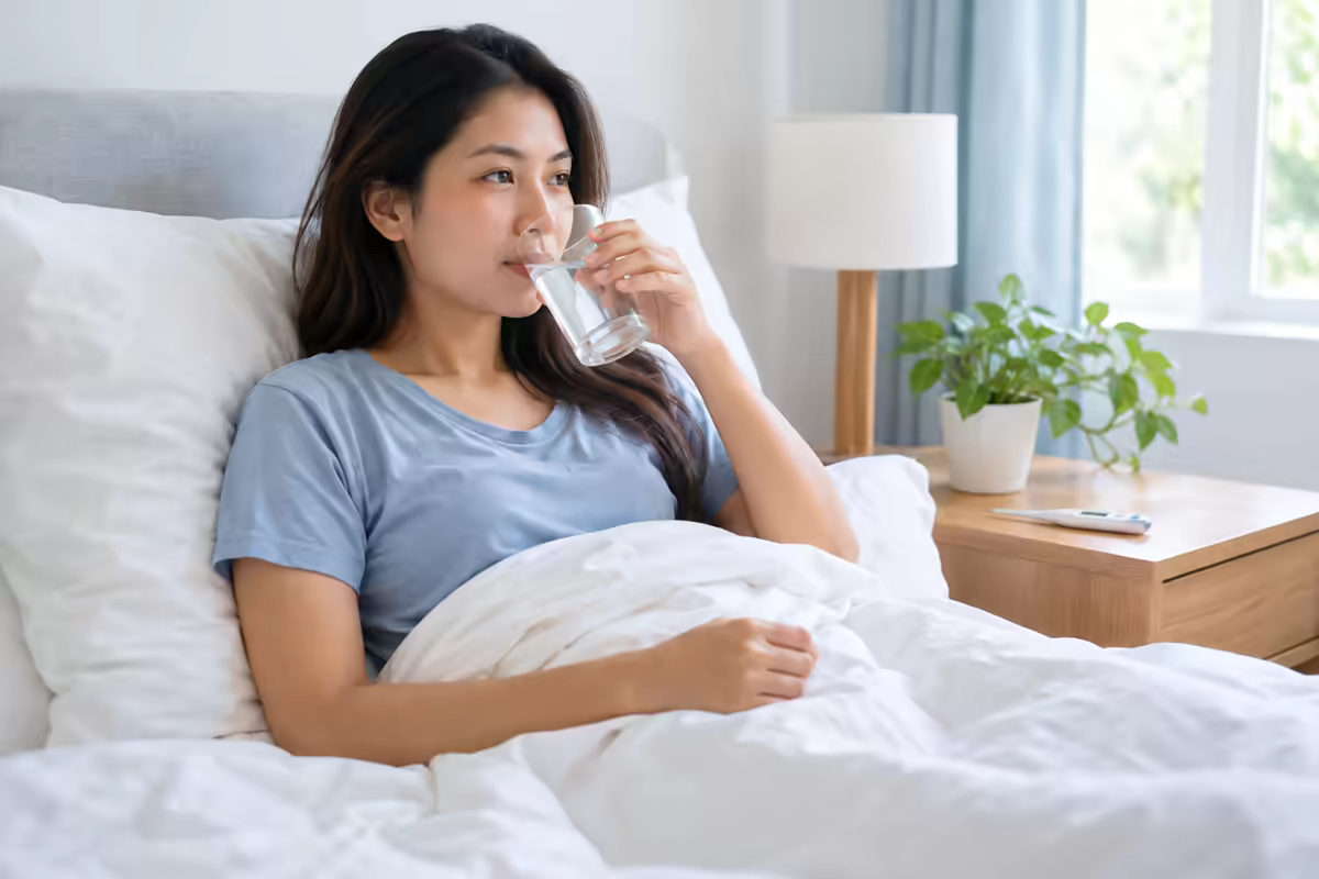 Người bệnh nghỉ ngơi và uống nước trong giai đoạn phục hồi sau sốt xuất huyết