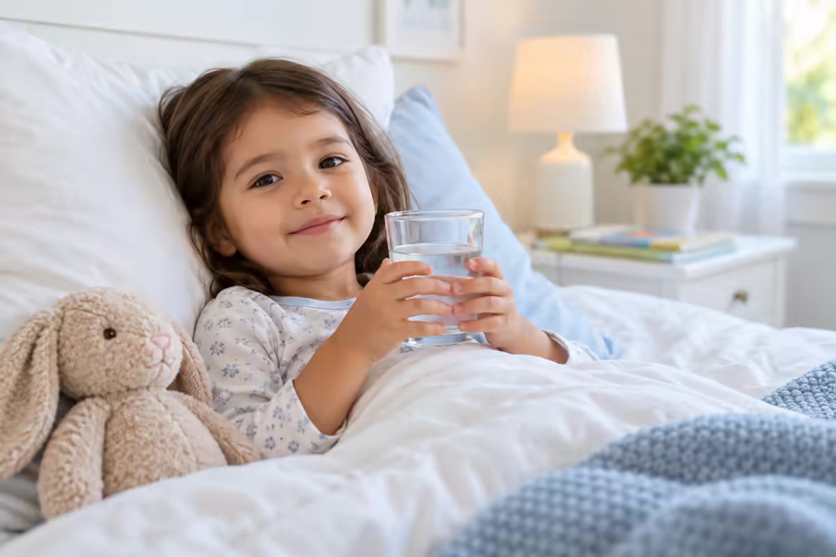 Trẻ nghỉ ngơi trên giường và uống nước để bù dịch