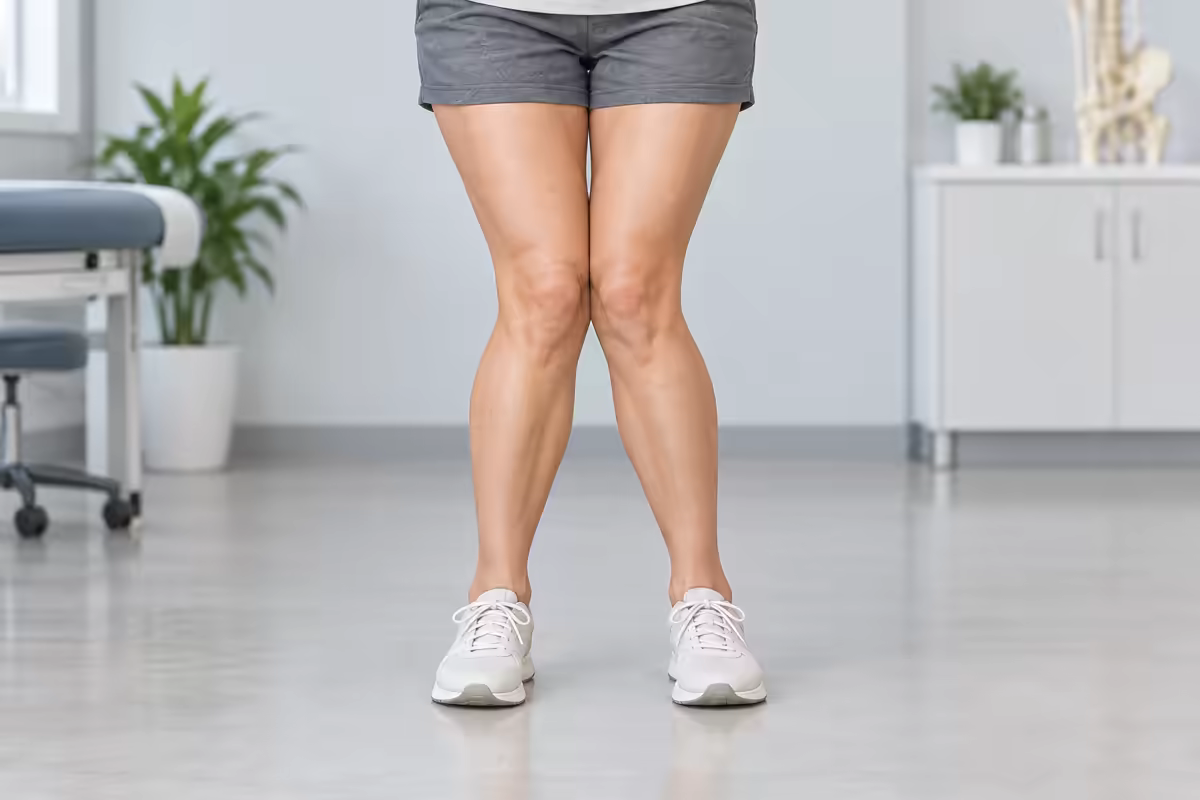 Minh họa hai đầu gối chụm vào trong tạo dáng chân chữ X