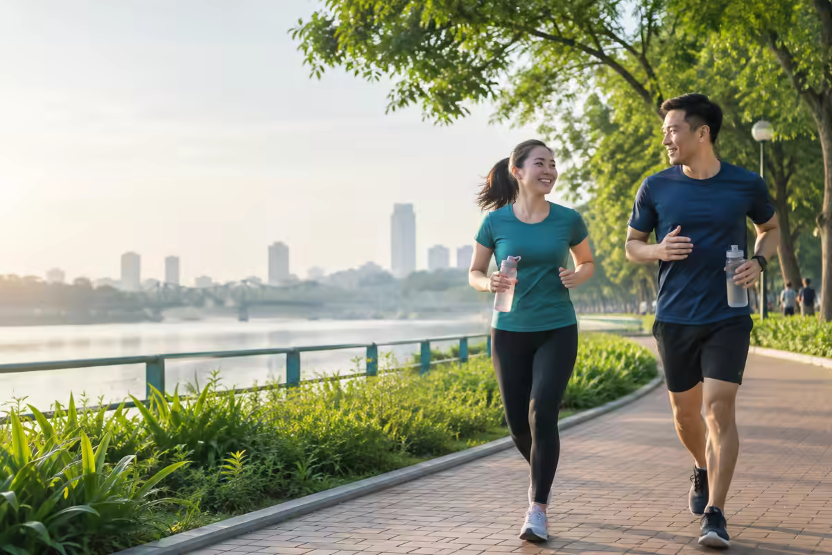 Người trưởng thành chạy bộ đều đặn ngoài trời để cải thiện sức khỏe và mỡ bụng