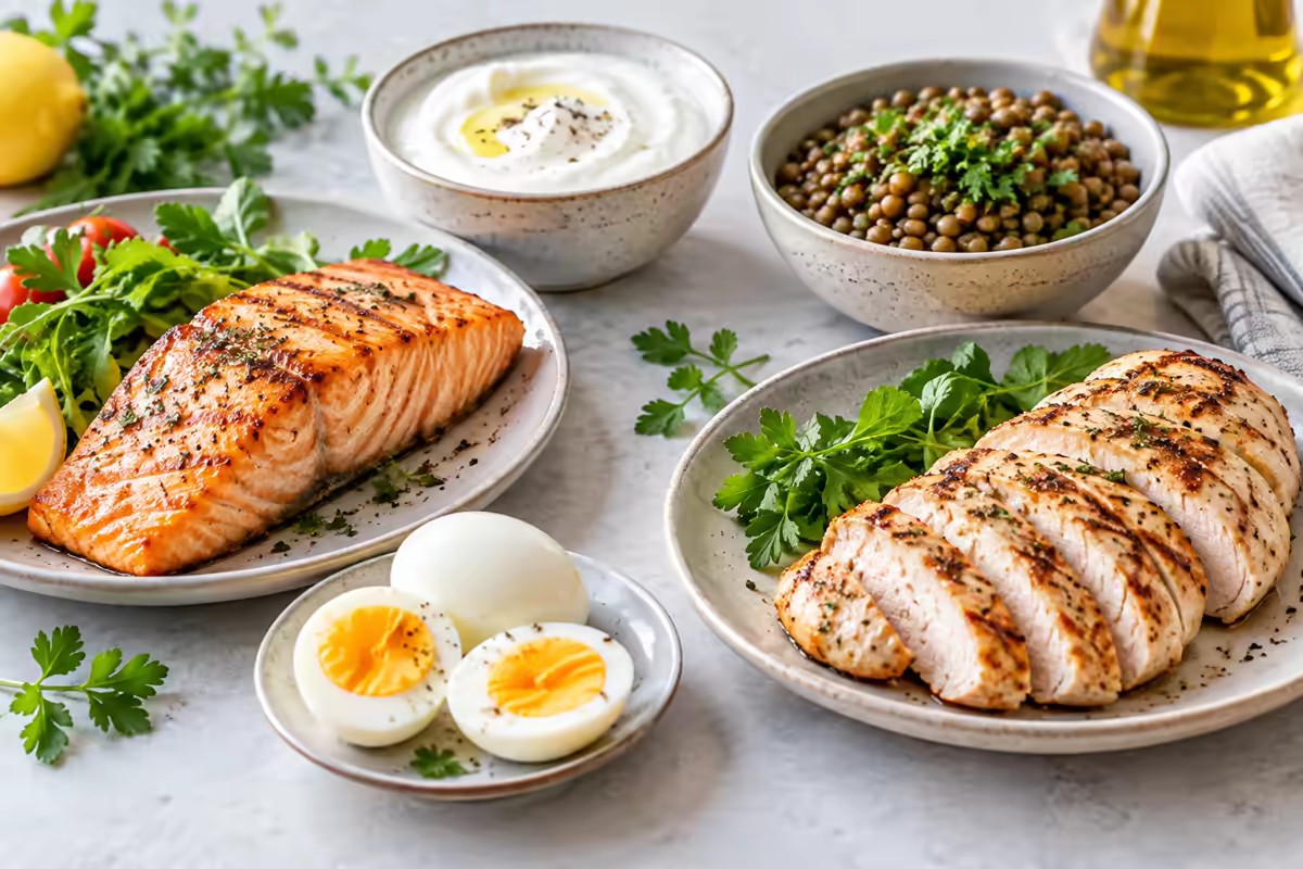 Các thực phẩm giàu protein gồm cá hồi, thịt gà, trứng, sữa chua và đậu lăng