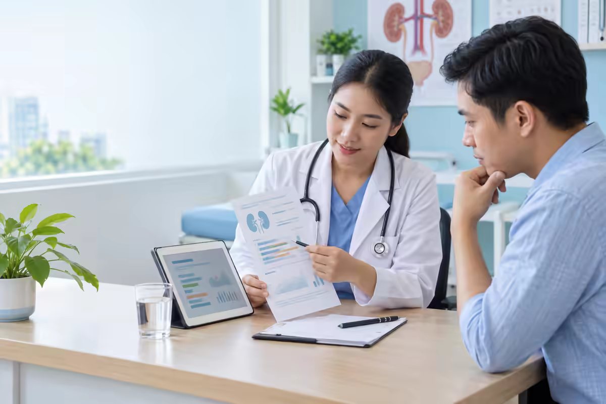 Bác sĩ hướng dẫn người bệnh đọc các chỉ số xét nghiệm thận
