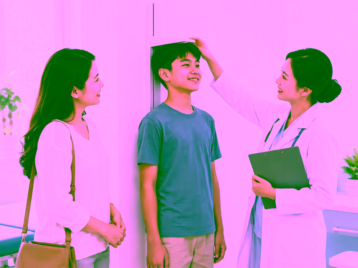 Nhân viên y tế đo chiều cao cho nam thiếu niên