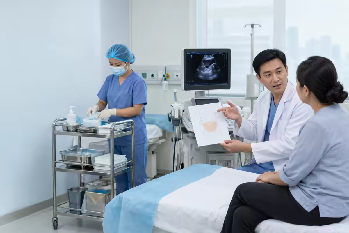 Bác sĩ giải thích quy trình chọc hút dịch màng bụng trước khi thực hiện