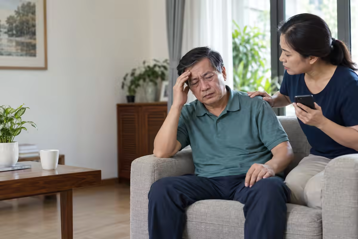 Người bệnh ngồi xuống khi chóng mặt, người nhà hỗ trợ và theo dõi dấu hiệu cảnh báo