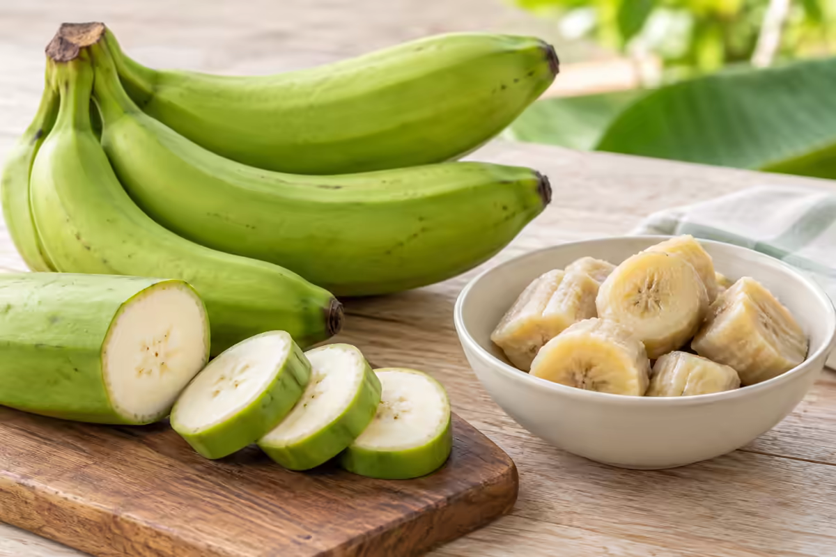 Chuối xanh nguyên quả, cắt lát và phần chuối đã chế biến