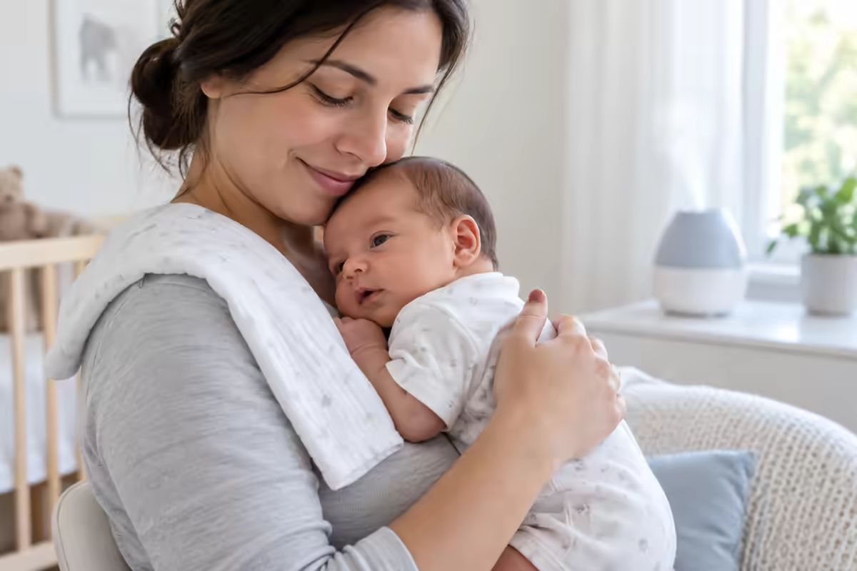 Mẹ bế trẻ sơ sinh bị cúm trong không gian chăm sóc yên tĩnh