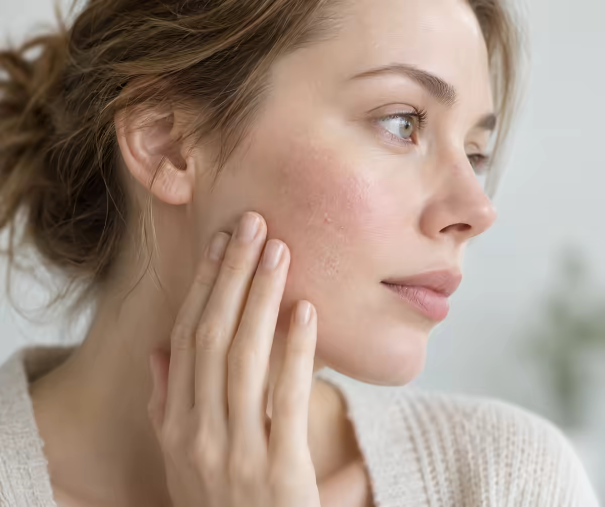 Người phụ nữ chạm nhẹ lên vùng má có da nhạy cảm