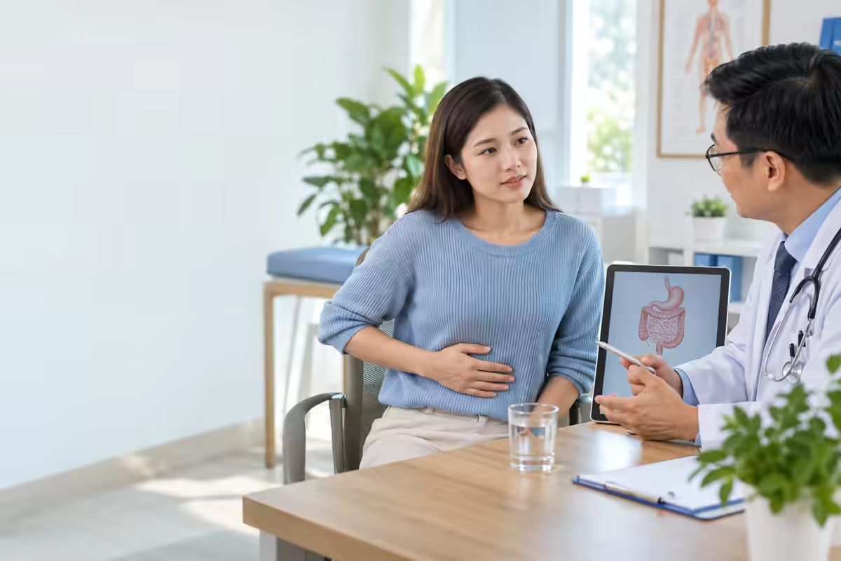 Người bệnh trao đổi với bác sĩ khi đau vùng giữa bụng