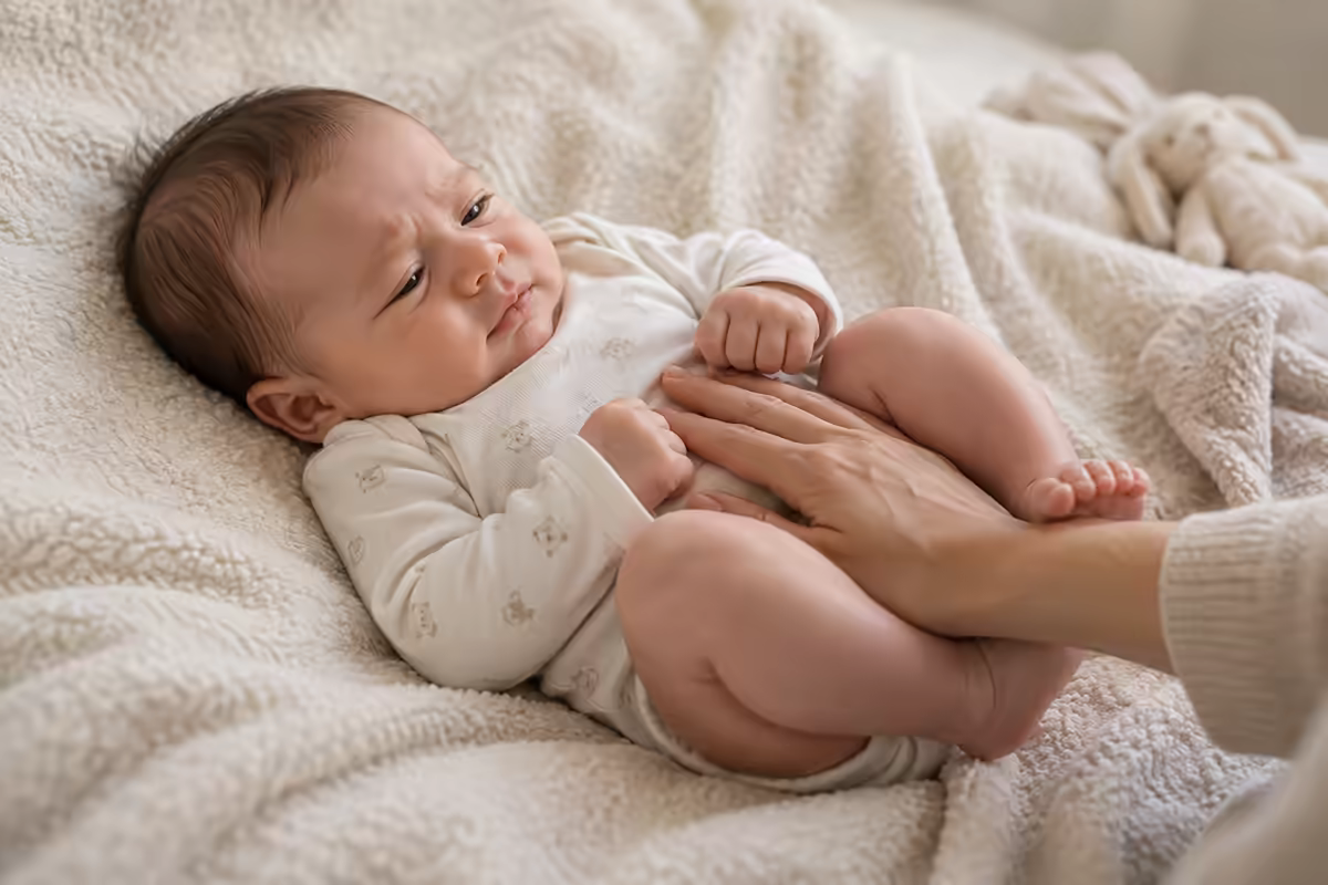 Trẻ sơ sinh co nhẹ chân và được người lớn xoa dịu bụng