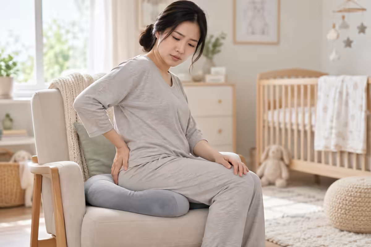 Phụ nữ sau sinh ngồi trên đệm hỗ trợ vì đau vùng đáy chậu