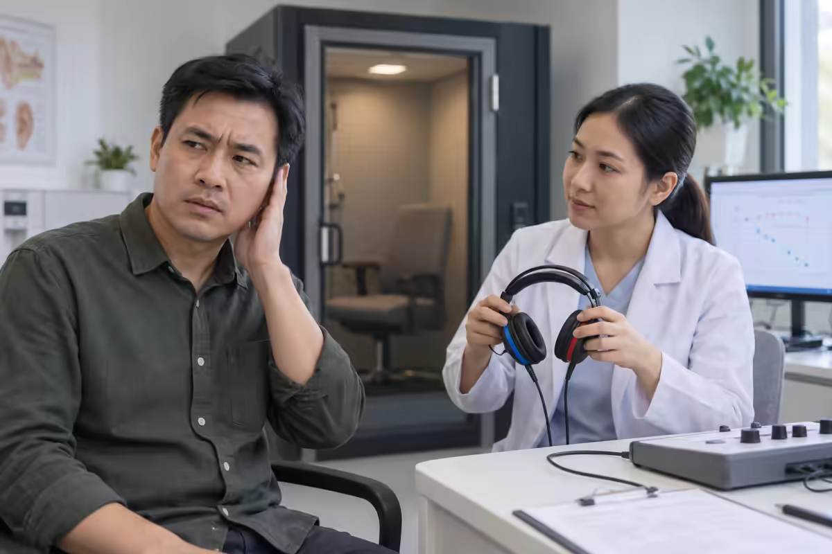 Dấu hiệu điếc một tai – người bệnh được kiểm tra thính lực tại phòng khám