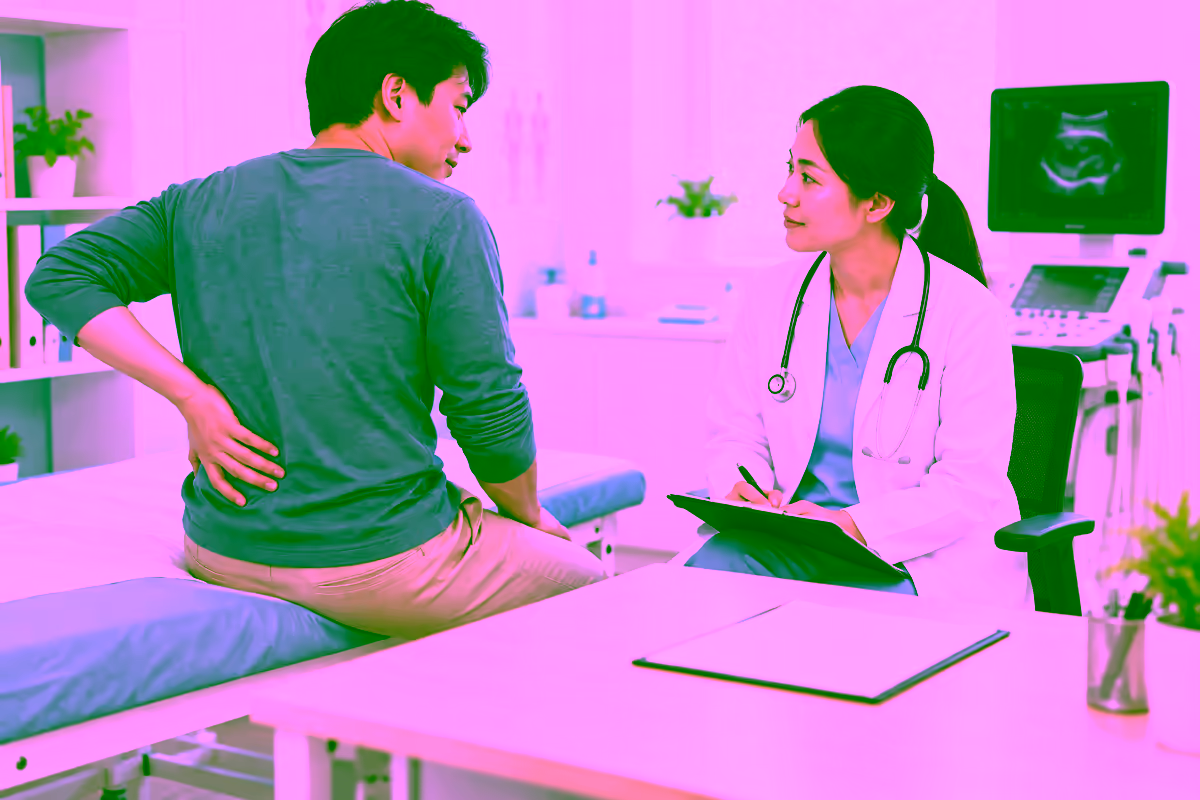Bác sĩ thăm khám đau lưng bên trái gần eo