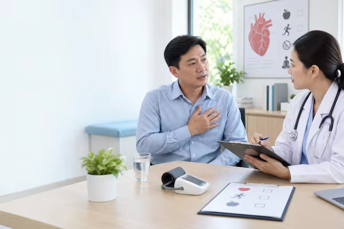 Bác sĩ thăm khám khi người bệnh đau ngực bên trái