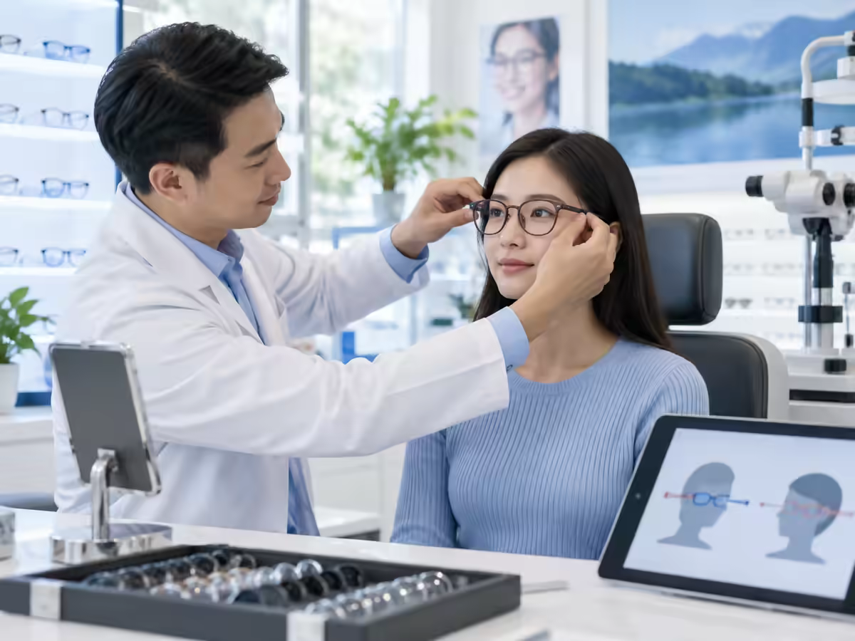 Kỹ thuật viên khúc xạ tư vấn biểu hiện khi đeo kính lệch tâm