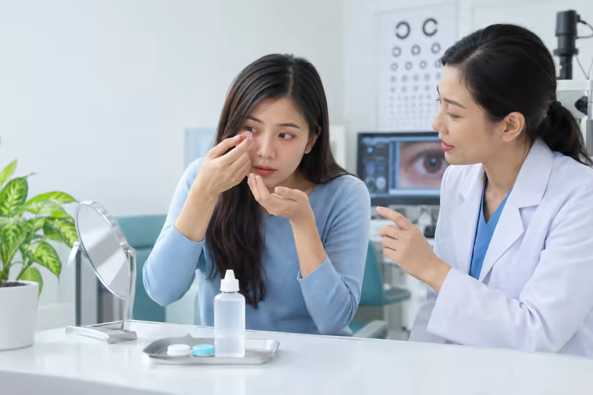 Người đeo kính áp tròng tháo lens đúng cách khi mắt bị đỏ và khó chịu