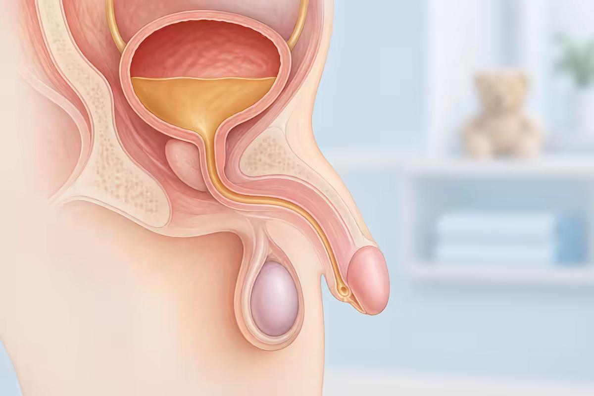 Minh họa đường tiểu với vị trí lỗ tiểu nằm thấp hơn bình thường