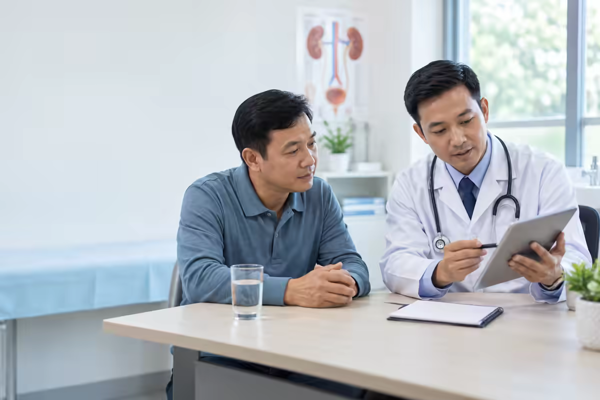 Người bệnh trao đổi với bác sĩ về tình trạng đi tiểu nhiều lần và cách cải thiện