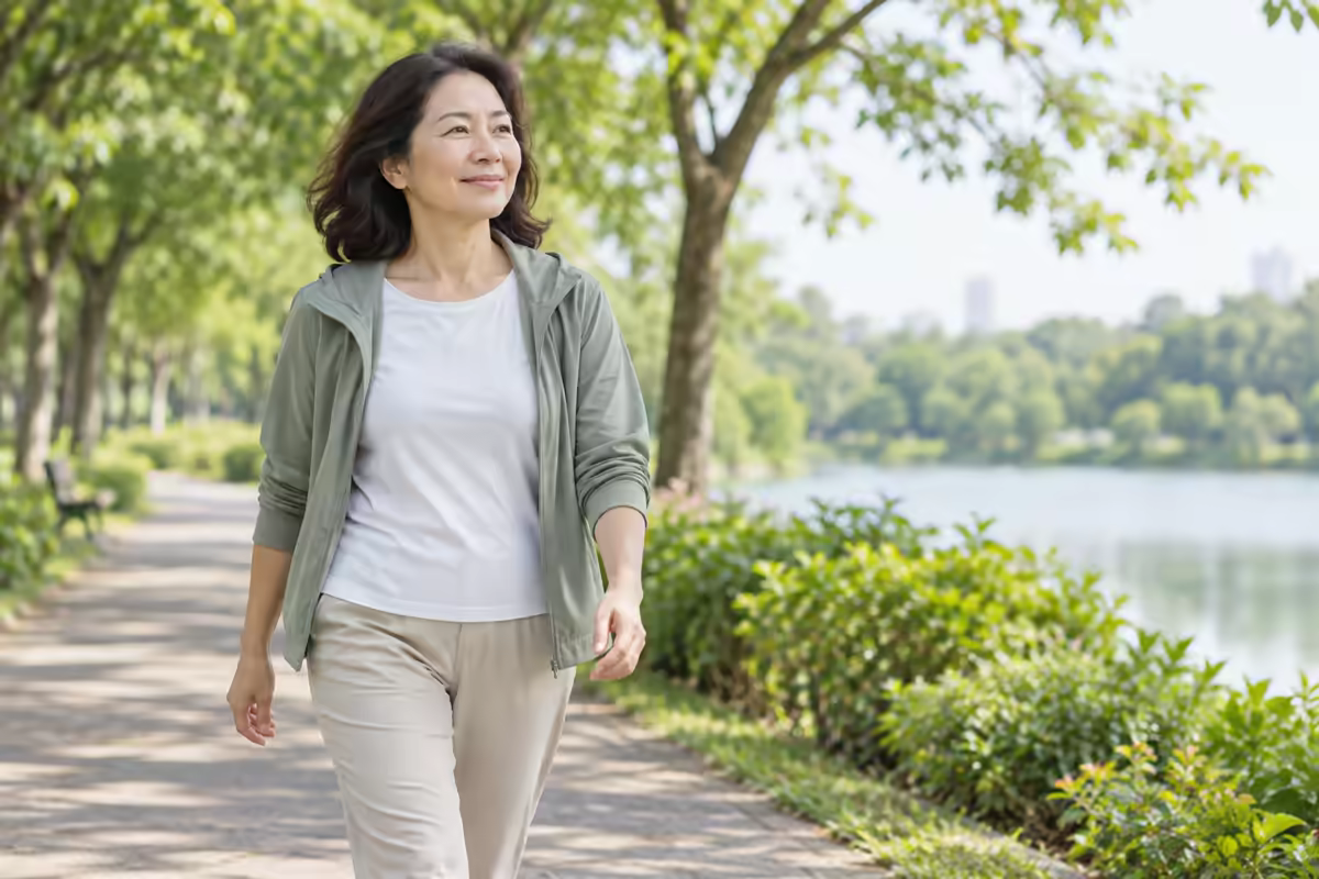 Phụ nữ trung niên đi bộ thư giãn trong công viên