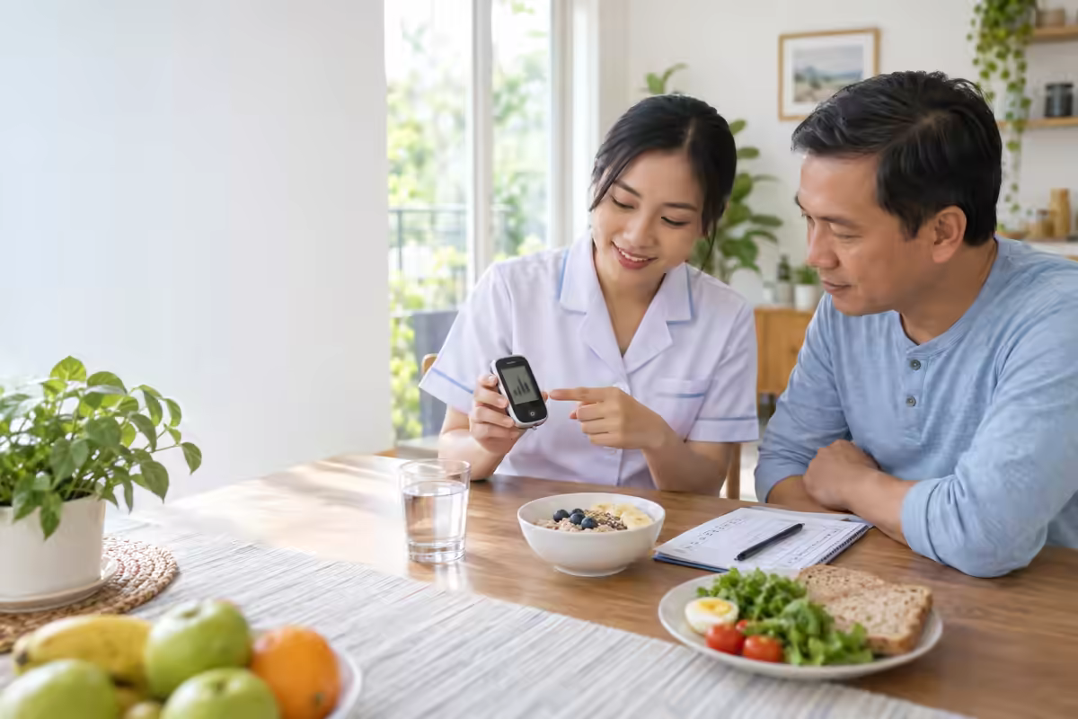 Nhân viên y tế hướng dẫn đo đường huyết lúc sáng sớm và ăn sáng lành mạnh