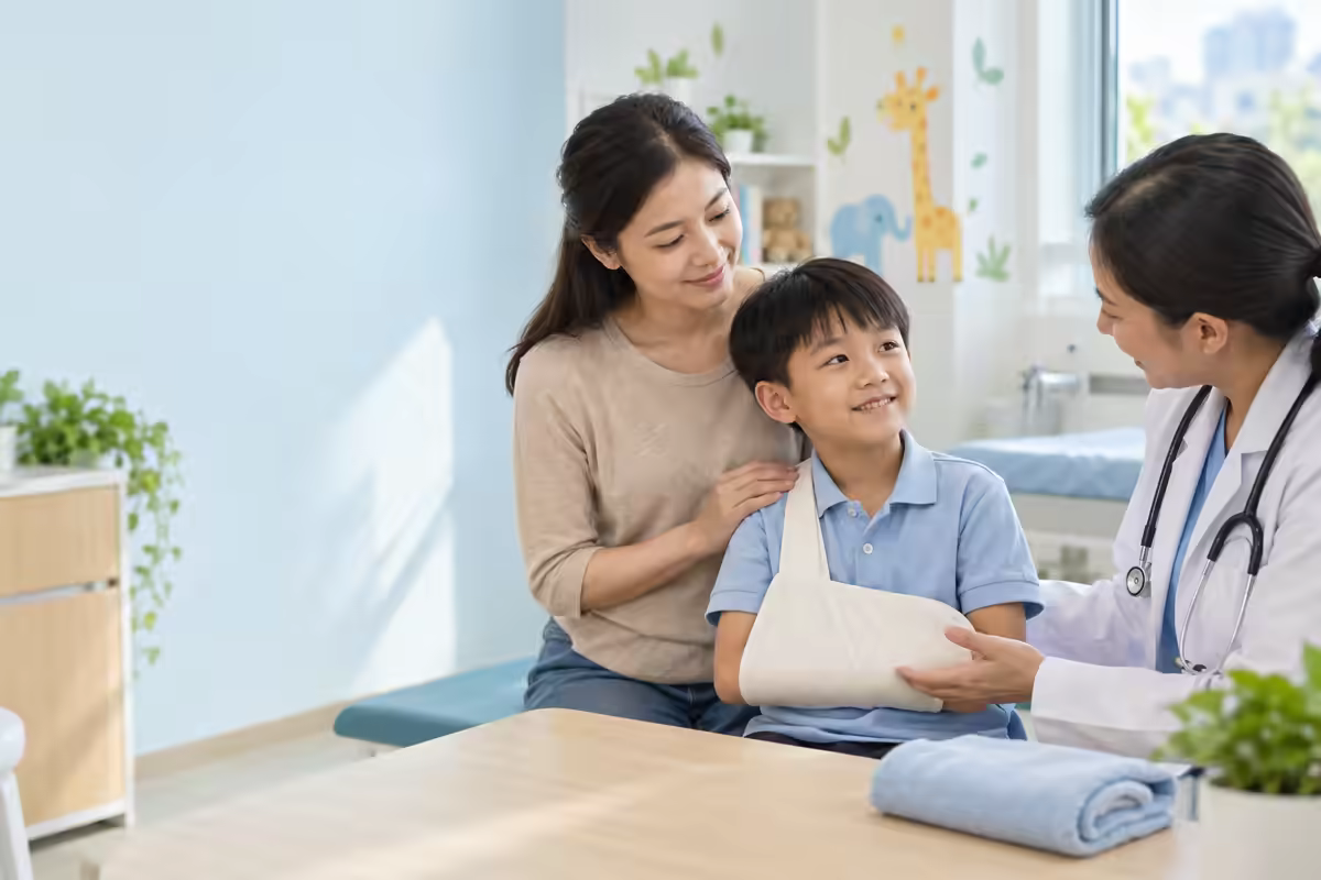 Trẻ được bác sĩ và phụ huynh cố định cánh tay nhẹ nhàng để chờ thăm khám