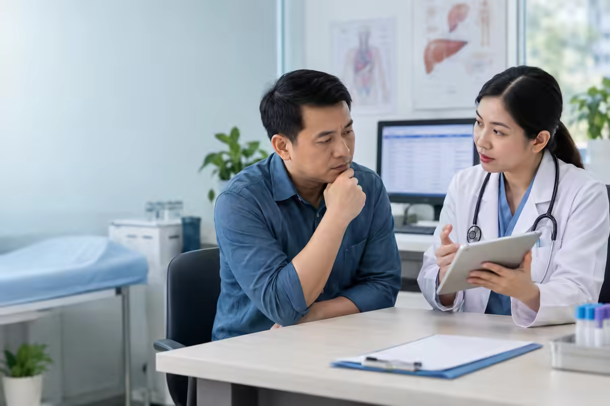 Người bệnh trao đổi với bác sĩ về chỉ số men gan GGT tăng