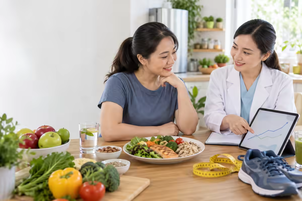 Người phụ nữ xây dựng bữa ăn cân đối và kế hoạch vận động cùng chuyên gia