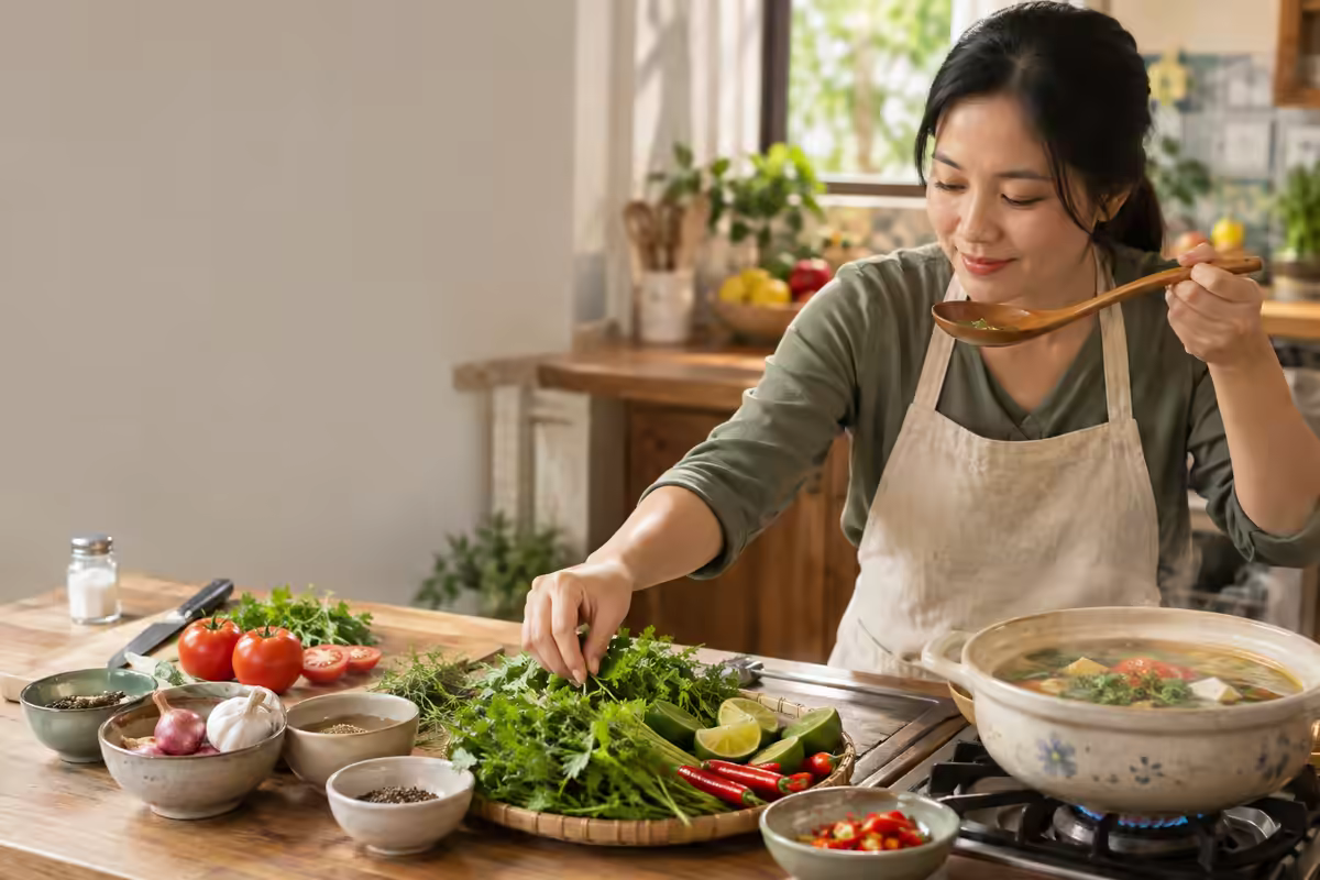 Người nội trợ dùng rau thơm và gia vị tự nhiên để giảm muối khi nấu ăn