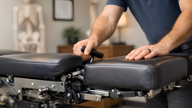 Kỹ thuật viên đang điều chỉnh hệ thống cơ học trên giường nắn chỉnh cột sống