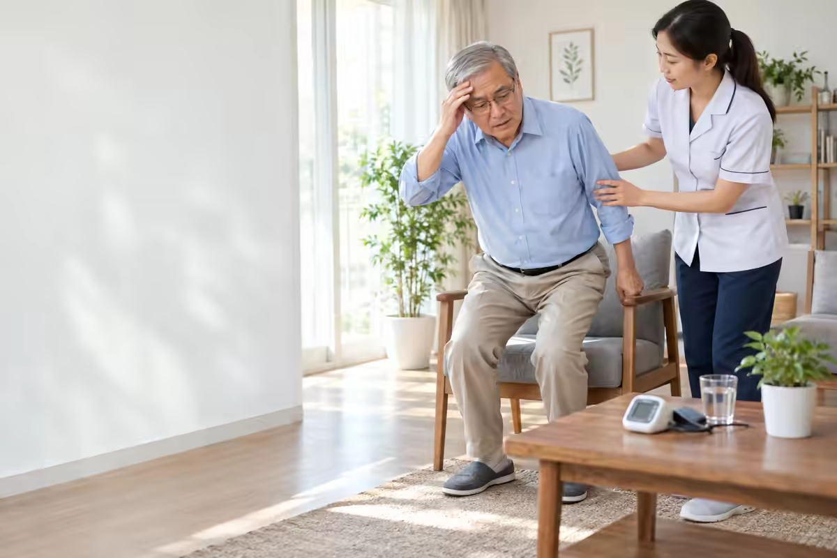Người lớn tuổi được bác sĩ hướng dẫn đứng lên an toàn khi hạ huyết áp tư thế