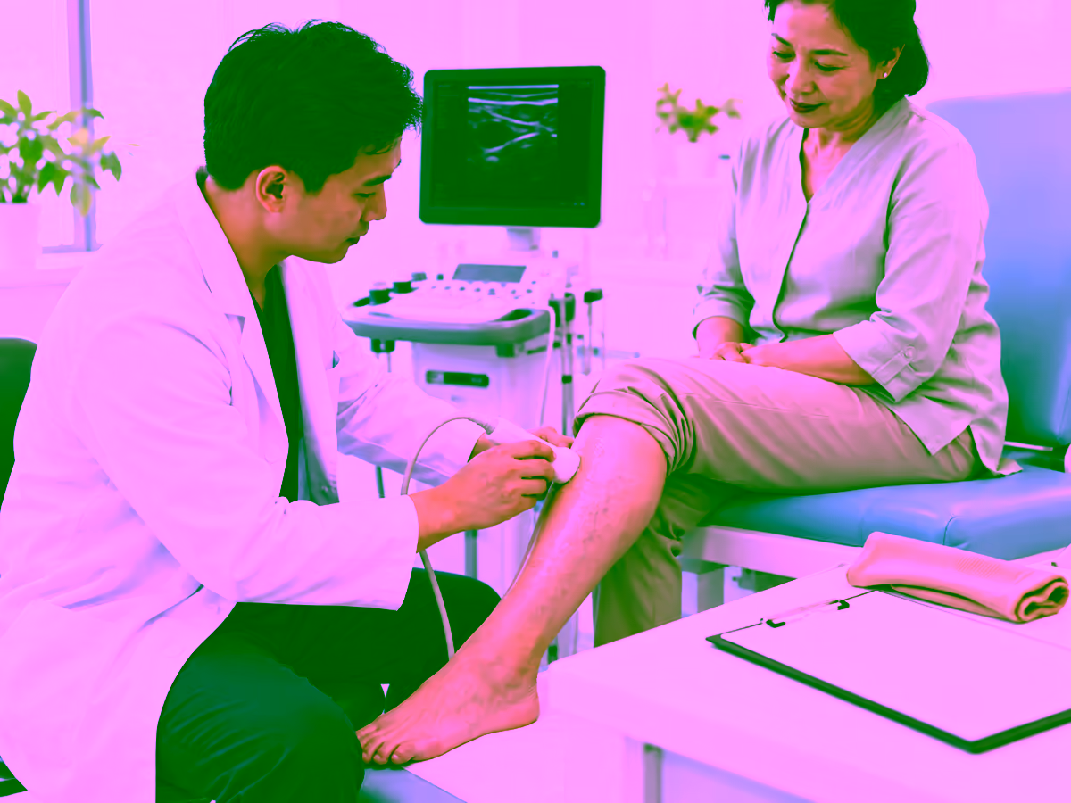 Bác sĩ kiểm tra dấu hiệu suy giãn tĩnh mạch ở chân