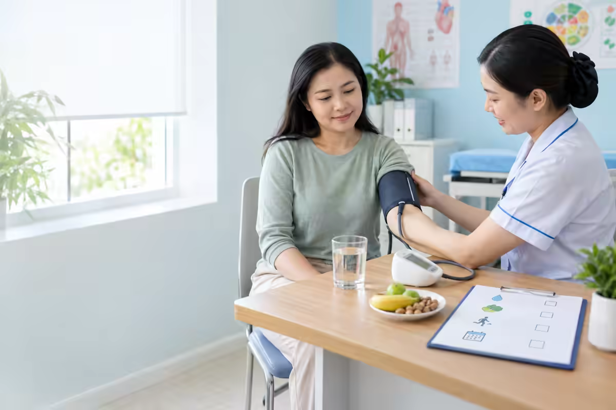 Nhân viên y tế đo huyết áp và hướng dẫn cách cải thiện huyết áp thấp