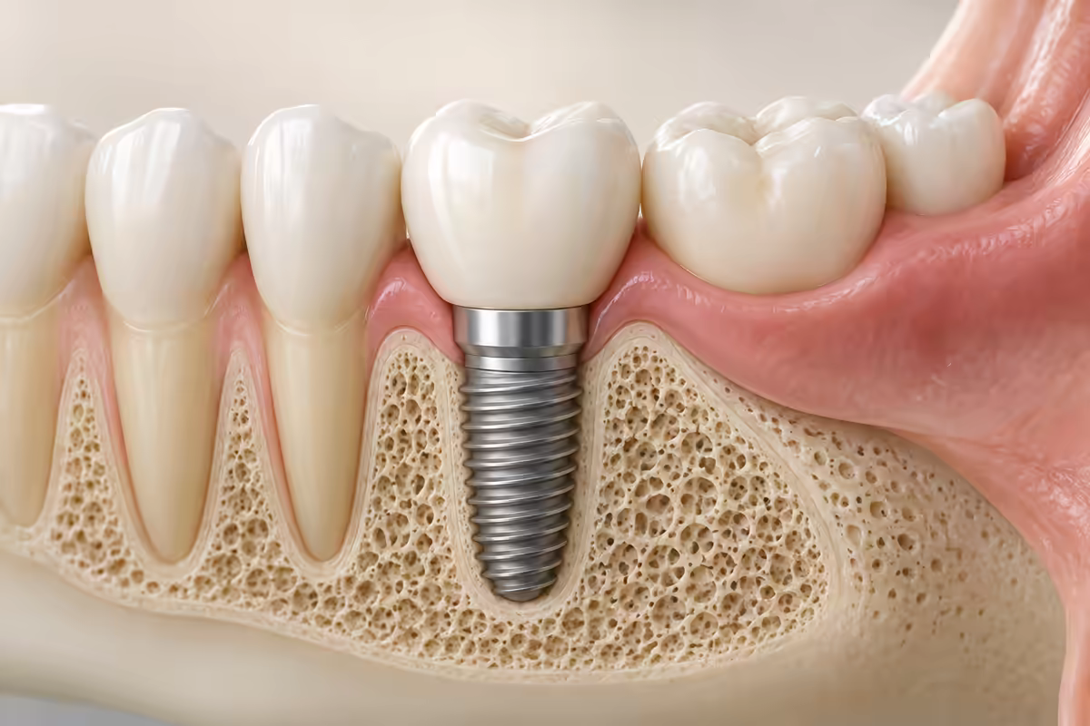 Minh họa trụ implant titanium và mão răng trong xương hàm