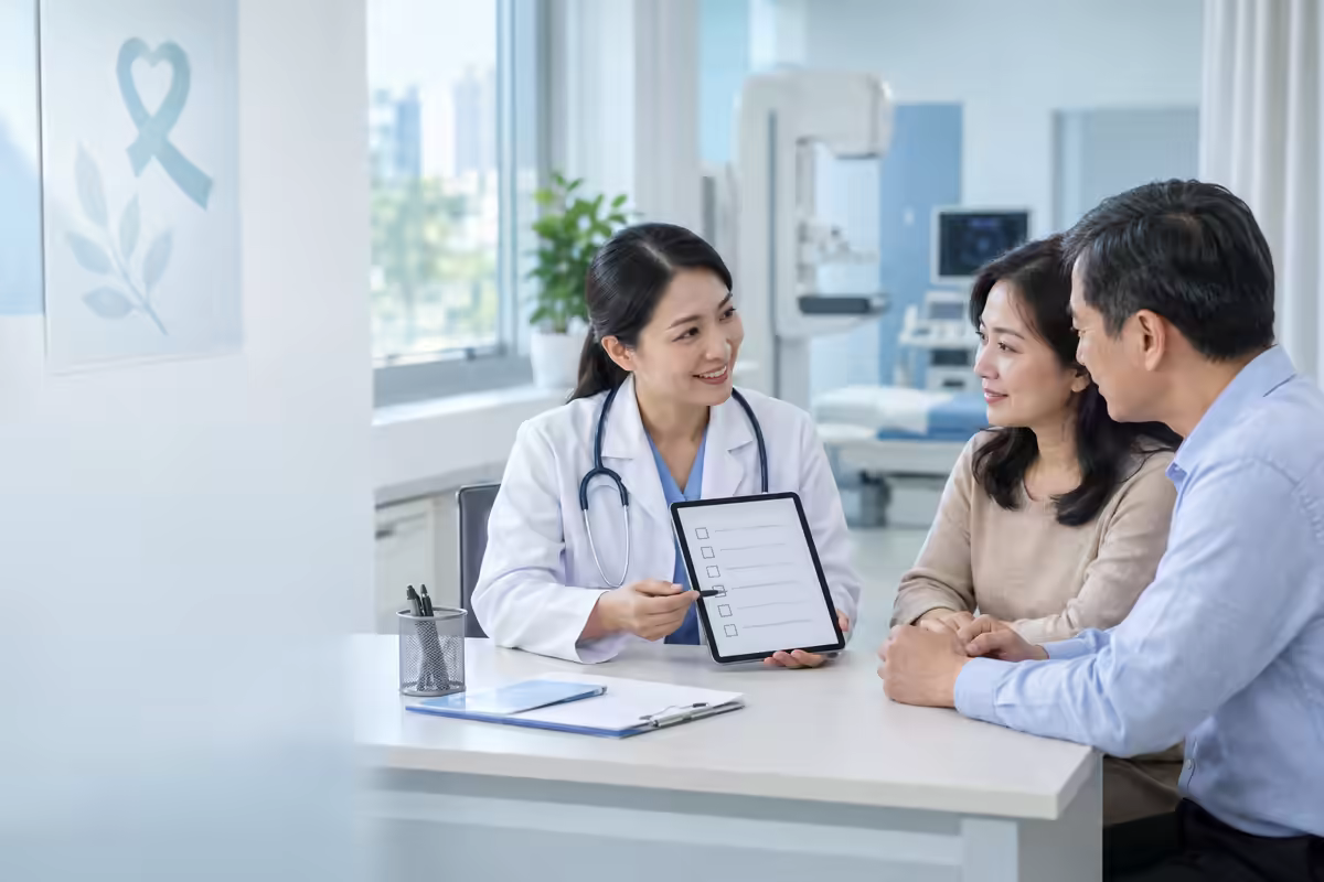 Người bệnh trao đổi với bác sĩ về lịch khám tầm soát ung thư phù hợp