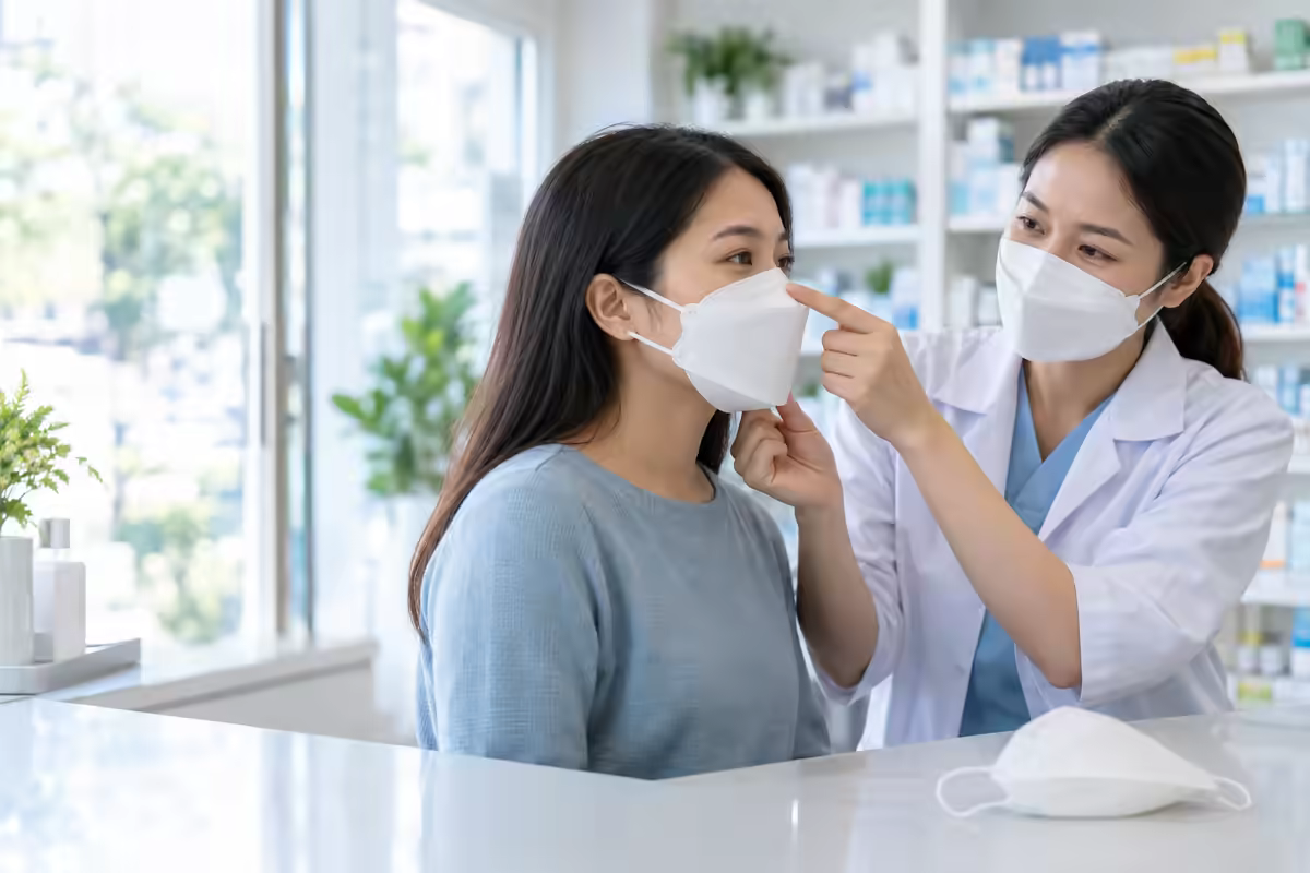 Người dùng đeo khẩu trang KF94 đúng độ kín và được dược sĩ hướng dẫn lựa chọn
