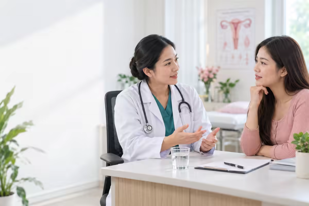 Phụ nữ trao đổi với bác sĩ phụ khoa về khô hạn và cách cải thiện an toàn