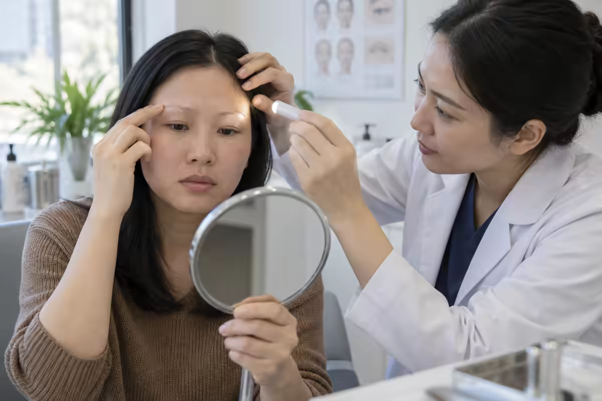 Không có lông mày – người bệnh được bác sĩ da liễu kiểm tra vùng chân mày