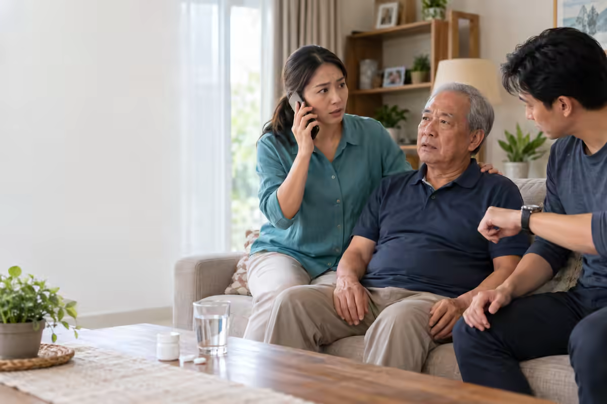 Người nhà giữ bệnh nhân nghi đột quỵ ngồi an toàn và gọi cấp cứu thay vì tự cho ăn uống